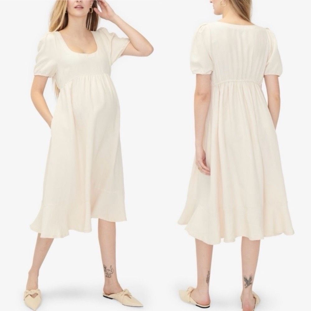 Hatch Maternity Dress Tisha Ruffle Hem Midi Dress XS Ivory linen blend